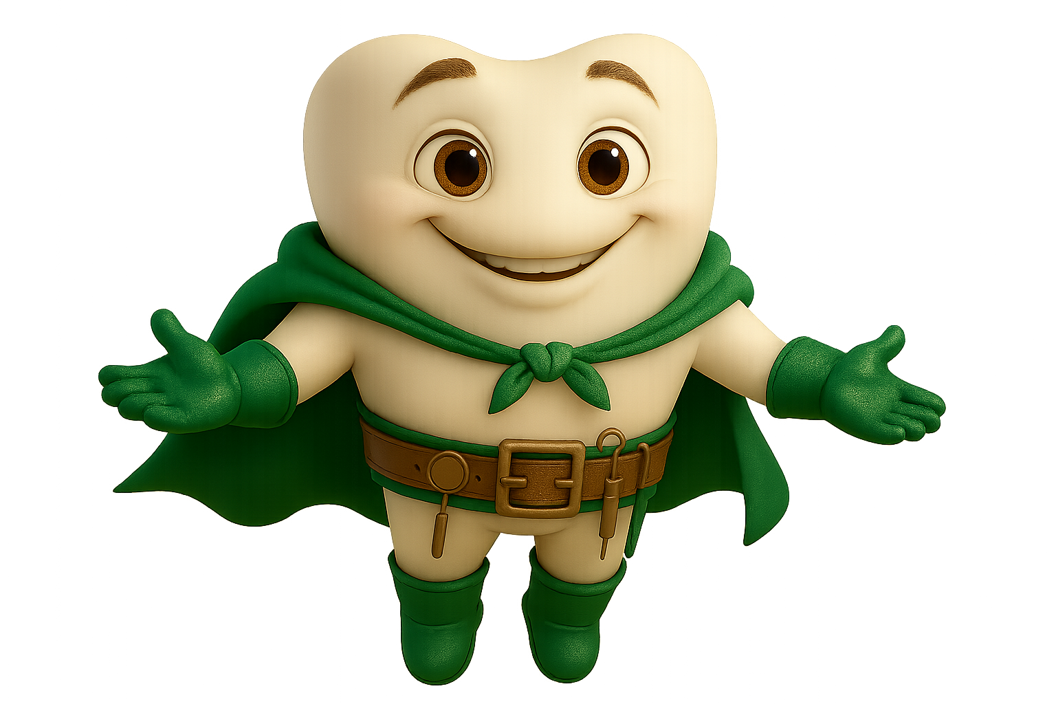 Mascote dentinho flutuando de braços abertos de maneira receptiva