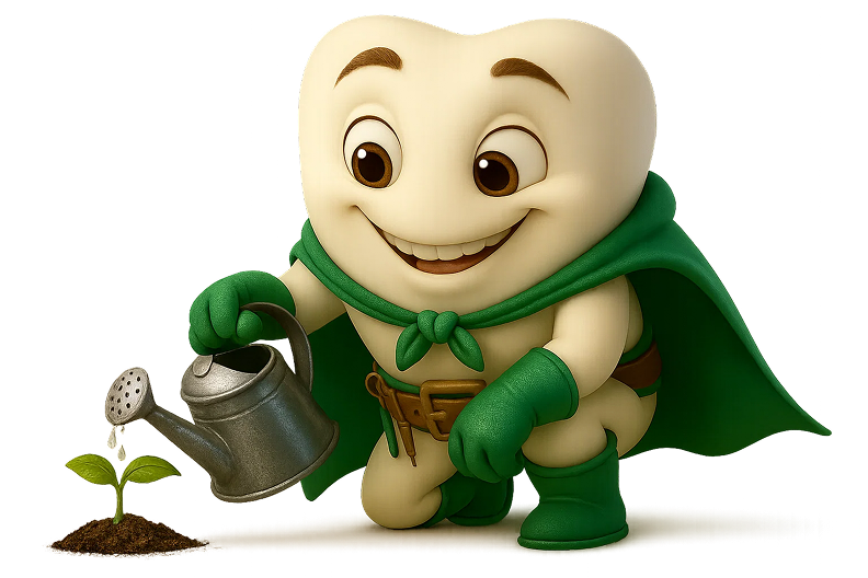 mascote Dentinho Regando uma raiz