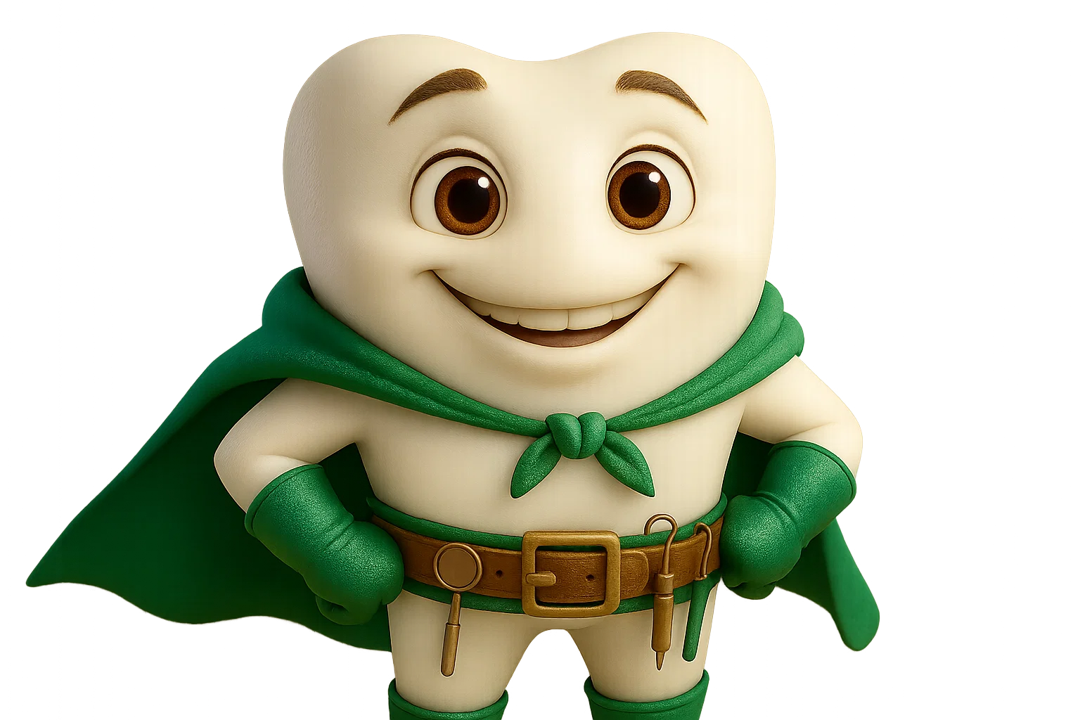 mascote dentinho, usando capa e luvas verdes com detalhes dourado no cinto